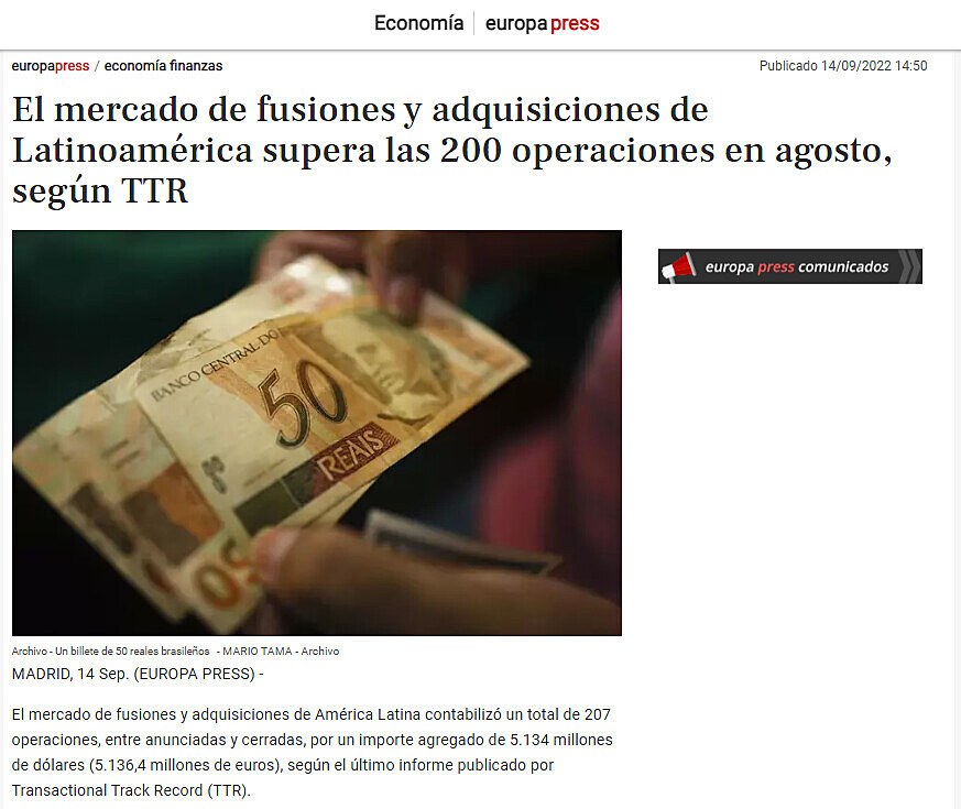 El mercado de fusiones y adquisiciones de Latinoamrica supera las 200 operaciones en agosto, segn TTR